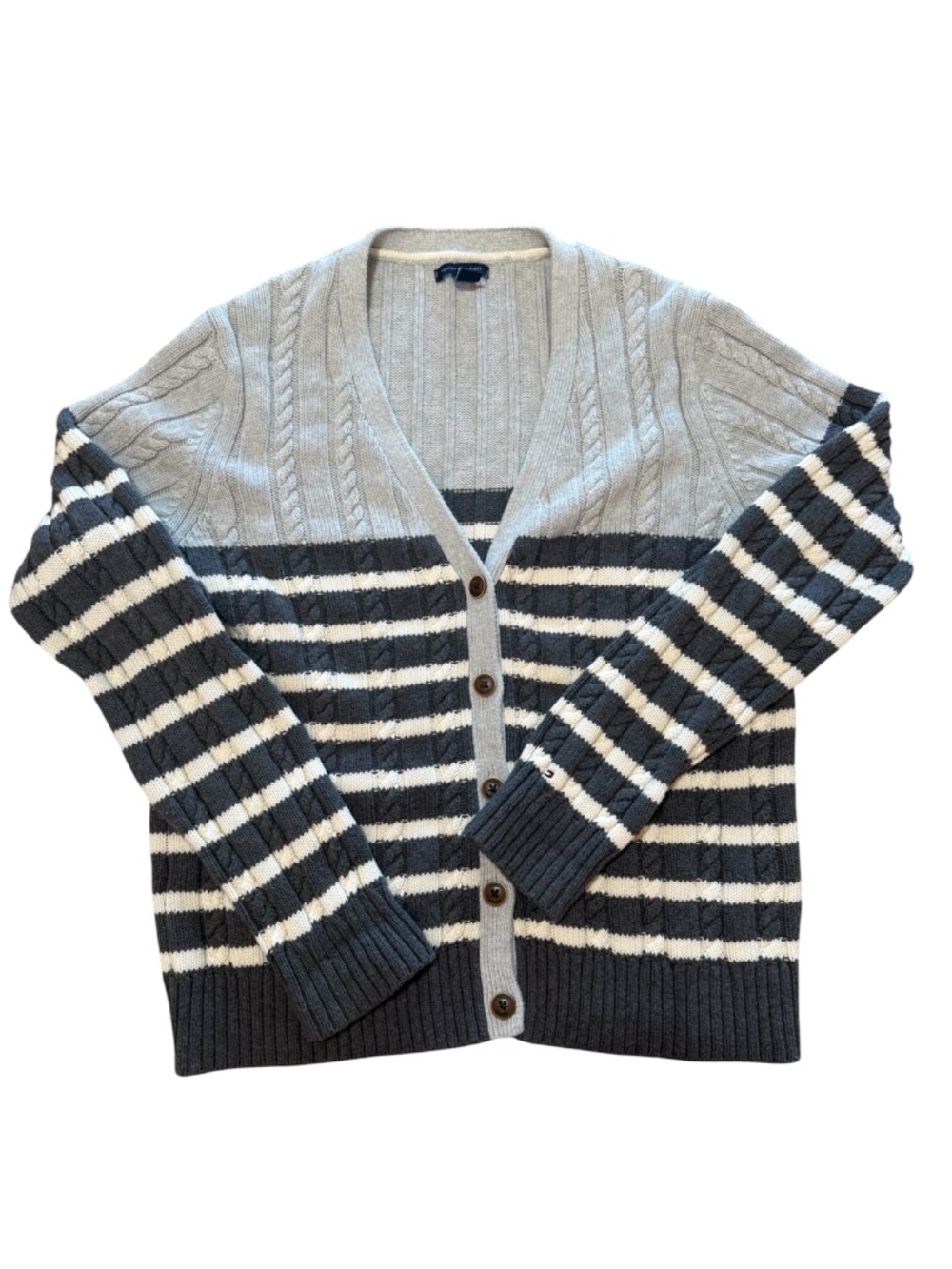 Tommy Hilfiger Cream, Gray Cable Knit V Neck Cardigan 100% Cotton Collegiate XL